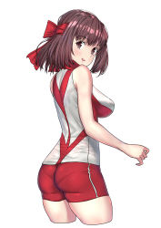 Rule 34 | 1girl, ass, brown eyes, brown hair, commentary, cowboy shot, cropped legs, from behind, girls und panzer, headband, highres, kondou taeko, looking at viewer, looking back, medium hair, open mouth, pantylines, red headband, red shirt, red shorts, shirt, short shorts, shorts, simple background, single vertical stripe, sleeveless, sleeveless shirt, smile, solo, sportswear, standing, volleyball uniform, white background, yamano rita