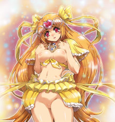 Rule 34 | 10s, 1girl, blonde hair, bottomless, bow, breasts, bubble skirt, cleft of venus, cure muse, cure muse (yellow), eyelashes, heart, hisahiko, long hair, magical girl, navel, aged up, pink eyes, precure, pussy, shirabe ako, skirt, solo, suite precure, uncensored, yellow bow