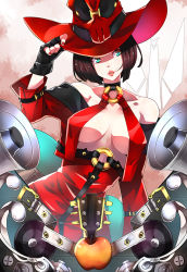 Rule 34 | 1girl, bare shoulders, black hair, blue eyes, breasts, center opening, collar, fingerless gloves, gloves, guilty gear, guilty gear xrd, hair in own mouth, hat, i-no, instrument, large breasts, lipstick, makai, makeup, megaphone, mole, mole under mouth, nail polish, no bra, off shoulder, puckered lips, red hat, short hair, solo, underboob, witch hat
