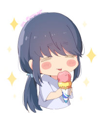 Rule 34 | 1girl, :p, = =, arms up, atu, blue hair, blue scrunchie, blue shirt, blush, blush stickers, chibi, closed eyes, dark blue hair, food, hands up, holding, holding food, ice cream, ice cream cone, long hair, low ponytail, ponytail, scrunchie, shima rin, shirt, short eyebrows, short sleeves, sidelocks, simple background, solo, sparkle, t-shirt, tongue, tongue out, twitter username, v-neck, v arms, white background, yurucamp