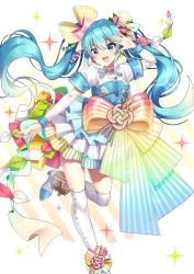 Rule 34 | 1girl, :d, bad id, bad pixiv id, blue eyes, blue hair, detached sleeves, hair between eyes, hatsune miku, highres, ichiren namiro, jewelry, kneehighs, long hair, open mouth, ring, skirt, smile, socks, solo, sparks, standing, standing on one leg, thighhighs, twintails, very long hair, vocaloid, white background