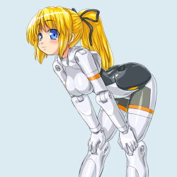 Rule 34 | 10s, 1girl, arnval, bad id, bad pixiv id, bent over, blonde hair, blue eyes, busou shinki, dd (ijigendd), doll joints, hands on own knees, joints, leaning forward, long hair, mecha musume, mini person, minigirl, ponytail, simple background, solo