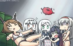 Rule 34 | !, 5girls, abyssal ship, aircraft carrier water oni, alternate costume, aqua eyes, bag, barrel, bikini, black dress, blank stare, blue one-piece swimsuit, breasts, brown hair, closed eyes, colored skin, comic, commentary, dated, dress, drum (container), enemy lifebuoy (kancolle), false smile, gradient hair, green eyes, hairband, hamu koutarou, headgear, height difference, highres, kantai collection, kunihiko moriguchi, large breasts, long hair, matsuwa (kancolle), medium breasts, midriff, mitsukoshi (department store), multicolored hair, multiple girls, mutsu (kancolle), one-piece swimsuit, open mouth, orange eyes, pale skin, parted bangs, pink hair, purple hair, red eyes, ribbed dress, sailor collar, sailor dress, sailor shirt, shaded face, shirt, short dress, short hair, shoukaku (kancolle), signature, silent comic, slipping, smile, spoken exclamation mark, swimsuit, ta-class battleship, trembling, very long hair, wavy mouth, white bikini, white hair, white skin