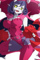 Rule 34 | 1girl, appmon, artist request, bandai, breasts, cleavage, demon girl, digimon, digimon universe: appli monsters, fangs, female focus, hat, highres, large breasts, leotard, long hair, looking at viewer, monster girl, smile, solo, demon girl, symbol-shaped pupils, thong, warudamon, yellow eyes