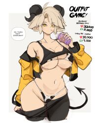 Rule 34 | 1girl, ahoge, animal print, black sports bra, blonde hair, breasts, cleavage, commentary, cow print, cowboy shot, cup, curled horns, demon tail, drinking, english commentary, english text, forehead, goat girl, goat horns, heart, highres, hip vent, holding, holding cup, horns, jacket, large breasts, long sleeves, looking at viewer, navel, off shoulder, original, pointy ears, rakeemspoon, short hair, simple background, solo, speech bubble, sports bra, susan (rakeemspoon), tail, thighs, two-tone background, undressing, v-shaped eyebrows, yellow eyes, yellow sleeves