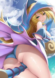 Rule 34 | 1girl, absurdres, ass, between legs, blonde hair, blue footwear, blue hat, blush stickers, breasts, cloud, cloudy sky, dark magician girl, day, duel monster, green eyes, hair between eyes, hat, highres, huge ass, large breasts, leotard, leotard under clothes, long hair, looking at viewer, magical girl, othellonia teru, outdoors, shiny skin, skirt, sky, smile, solo, staff, sunlight, wand, wizard hat, yu-gi-oh!, yu-gi-oh! duel monsters