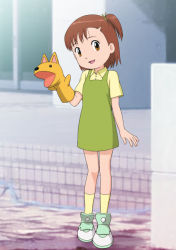 Rule 34 | 00s, 1girl, bad id, bad pixiv id, brown eyes, brown hair, digimon, digimon tamers, dress, full body, green dress, happy, katou juri, looking at viewer, outdoors, puppet, rico (jackdoa), short dress, short hair, short ponytail, side ponytail, smile, socks, solo, standing