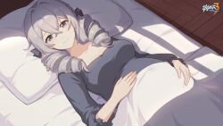 Rule 34 | 1girl, alexandra pavlovna zaychik, breasts, drill hair, grey eyes, grey hair, hair between eyes, hand on own stomach, highres, honkai (series), honkai impact 3rd, large breasts, looking at viewer, lying, official art, official wallpaper, on floor, pillow, pregnant, ribbon, smile, solo, upper body