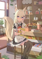Rule 34 | 1girl, absurdres, animal ears, arm ribbon, bar stool, black footwear, blonde hair, blue eyes, blush, cabinet, cafe, candy, candy jar, cat, cat ears, cat girl, cat tail, commentary, dappled sunlight, day, emergency exit, exit sign, food, full body, hair between eyes, hair over shoulder, hanging plant, hanging props, hano 1219, highres, holding, holding food, holding snack, ice cream, indoors, jar, light particles, looking at viewer, low side ponytail, maid, maid headdress, menu board, on stool, original, plant, plate, ribbon, shelf, shoes, short sleeves, sign, sitting, smile, snack, solo, stool, straight hair, sundae, sunlight, symbol-only commentary, tail, thighhighs, window, zettai ryouiki