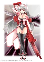 Rule 34 | 1girl, ayuko (ayuco), bad id, bad pixiv id, bare shoulders, black thighhighs, breasts, cleavage, collarbone, detached sleeves, hat, holding, large breasts, long hair, looking at viewer, red eyes, seikon no el dorado, silver hair, solo, thighhighs, watermark, weapon