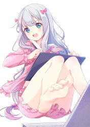 Rule 34 | 10s, 1girl, 2017, angry, artist name, barefoot, blue eyes, blush, bow, clouble, computer, dated, drawing tablet, eromanga sensei, feet, frilled sleeves, frills, hair bow, hands up, highres, holding, holding pen, izumi sagiri, knees together feet apart, knees up, laptop, leg up, long hair, long sleeves, looking at viewer, low-tied long hair, open mouth, pajamas, pen, pink bow, sidelocks, silver hair, simple background, soles, solo, stylus, teeth, toenails, toes, upper teeth only, very long hair, white background