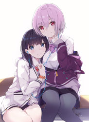 Rule 34 | 2girls, bee doushi, black hair, black skirt, blue eyes, bow, breasts, cardigan, chair, closed mouth, collared shirt, commentary request, desk, earbuds, earphones, grey legwear, gridman universe, hair between eyes, hand up, head tilt, highres, jacket, long hair, long sleeves, medium breasts, miniskirt, multiple girls, off shoulder, on chair, on desk, orange scrunchie, pantyhose, pink bow, pink hair, pleated skirt, purple jacket, red bow, red eyes, school chair, school desk, scrunchie, shared earphones, shinjou akane, shirt, short hair, signature, simple background, sitting, skirt, sleeves past wrists, smile, ssss.gridman, takarada rikka, white background, white cardigan, white shirt, wrist scrunchie, yuri