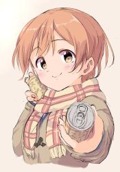 1girl blush brown_jacket can can_to_cheek closed_mouth commentary_request cropped_torso drink_can highres holding holding_can hoshizora_rin incoming_food jacket long_sleeves looking_at_viewer love_live! love_live!_school_idol_project orange_eyes orange_hair plaid_clothes plaid_scarf scarf sen_(sen0910) short_hair smile solo split_mouth upper_body yellow_scarf