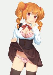 Rule 34 | 1girl, :3, blush, bow, bow panties, clothes lift, contrapposto, corset, covering own mouth, cowboy shot, cristalavi, dress shirt, drill hair, food print, hair bow, highres, lifting own clothes, looking at viewer, open clothes, open shirt, orange hair, original, panties, pleated skirt, print panties, purple eyes, red bow, red ribbon, ribbon, shirt, skirt, skirt lift, solo, standing, strawberry bra, strawberry panties, strawberry print, thighhighs, twin drills, unbuttoned, unbuttoned shirt, underwear, white shirt