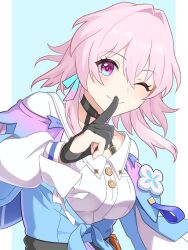 Rule 34 | 1girl, archery shooting glove, black choker, black corset, black gloves, blue background, blue eyes, blue jacket, border, bra strap, breasts, buttons, choker, closed mouth, commentary, corset, dress shirt, earrings, flower ornament, gloves, gradient jacket, hand up, highres, honkai: star rail, honkai (series), index finger raised, jacket, jewelry, long sleeves, looking at viewer, march 7th (honkai: star rail), medium breasts, medium hair, mitukiaqa, one eye closed, outside border, partially fingerless gloves, pink eyes, pink hair, pink jacket, shirt, single earring, smile, solo, tied jacket, two-tone eyes, upper body, white border, white shirt