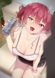 Rule 34 | 1girl, :d, absurdres, bare shoulders, black shorts, blurry, blurry background, blurry foreground, blush, breasts, camisole, can, cleavage, commentary request, couch, depth of field, drunk, fang, from above, hair between eyes, hair ribbon, hand up, heterochromia, highres, holding, holding can, hololive, houshou marine, indoors, koubou (cowbow kun), large breasts, long hair, looking at viewer, looking up, on couch, open mouth, plant, potted plant, red eyes, red ribbon, ribbon, short shorts, shorts, sitting, skin fang, smile, solo, squeans, twintails, virtual youtuber, wristband, yellow eyes