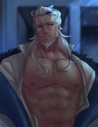 Rule 34 | 1boy, abs, absurdres, bara, bare pectorals, beard, blue eyes, blue hair, chest hair, closed mouth, commentary, english commentary, facial hair, fur trim, genshin impact, ghangaji, glowing, glowing eye, highres, large pectorals, long hair, long sleeves, male focus, mature male, multicolored hair, muscular, muscular male, navel, navel hair, night, nipples, one eye closed, pectorals, pierro (genshin impact), solo, stomach, streaked hair, upper body, white hair, wrinkled skin