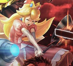 Rule 34 | 1girl, attack, blonde hair, crown, dress, earrings, elbow gloves, emerald (stone), closed eyes, female focus, floating hair, frying pan, gem, gloves, holding, holding frying pan, jewelry, lips, lipstick, long hair, makeup, mario (series), nintendo, official art, open mouth, pink dress, pink lips, princess peach, puffy short sleeves, puffy sleeves, ring, red gemstone, blue gemstone, serious, short sleeves, super mario bros. 1, super smash bros., white gloves