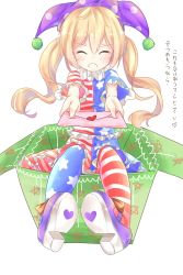 Rule 34 | 1girl, alternate hairstyle, american flag dress, american flag legwear, blonde hair, blush, box, closed eyes, clownpiece, collar, foreshortening, frilled collar, frilled shirt collar, frills, full body, gift, gift box, hat, heart, highres, jester cap, letter, long hair, love letter, pantyhose, polka dot, shoes, short sleeves, simple background, sitting, solo, striped clothes, striped pantyhose, touhou, translation request, twintails, white background, yilocity