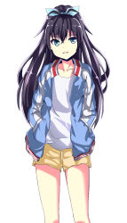 Rule 34 | 1girl, black hair, blue eyes, blue ribbon, collarbone, ganaha hibiki, hair between eyes, hair ribbon, hands in pockets, highres, idolmaster, idolmaster (classic), jacket, letterman jacket, long hair, looking at viewer, ole1942, open clothes, open jacket, ribbon, shirt, shorts, simple background, solo, white background, white shirt, yellow shorts