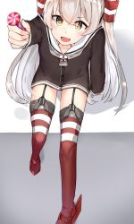 Rule 34 | 10s, 1girl, amatsukaze (kancolle), bad id, bad pixiv id, brown dress, brown eyes, candy, dress, food, garter straps, giving, hair tubes, highres, kantai collection, lifebuoy, lollipop, long hair, long sleeves, looking at viewer, looking up, open mouth, red thighhighs, sailor collar, sailor dress, short dress, silver hair, sitting, smile, solo, striped clothes, striped thighhighs, suzuharu toufu, swim ring, thighhighs, two side up