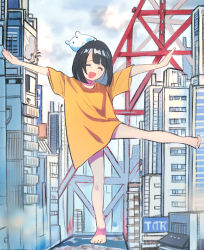 Rule 34 | 1girl, :d, ^ ^, bare legs, barefoot, black hair, city, closed eyes, cloud, cloudy sky, commentary request, creature, creature on head, day, full body, highres, on head, open mouth, original, outdoors, outstretched arms, scenery, shirt, short hair, short sleeves, sky, smile, solo, spread arms, standing, standing on one leg, tokiwata soul, yellow shirt