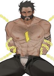 Rule 34 | 1boy, abs, algaebog, arm hair, arms behind back, bara, beard, between pectorals, blush, bound, bound arms, bulge, card, chain, chained, chest hair, facial hair, feet out of frame, graves (league of legends), hair slicked back, hairy, highres, large pectorals, league of legends, male focus, male underwear, male underwear peek, mature male, muscular, muscular male, mustache, navel hair, nipples, open fly, pectorals, playing card, short hair, sitting, solo, stomach, sweat, thick eyebrows, thick mustache, thick thighs, thighs, topless male, underwear, white male underwear