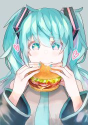 Rule 34 | 1girl, aqua eyes, aqua hair, aqua nails, aqua necktie, bare shoulders, black sleeves, burger, cheese, commentary, detached sleeves, eating, food, grey background, grey shirt, hair ornament, hatsune miku, heart, holding, holding food, kaimo (mi6kai), lettuce, long hair, looking at viewer, nail polish, necktie, sesame seeds, shirt, sleeveless, sleeveless shirt, smile, solo, sparkling eyes, tomato, twintails, upper body, vocaloid