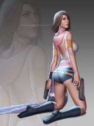 Rule 34 | 00s, 1girl, ass, audia pahlevi, boots, brown hair, final fantasy, final fantasy x, final fantasy x-2, gun, handgun, heterochromia, hood, kneeling, looking at viewer, looking back, ponytail, short hair, short shorts, shorts, solo, weapon, yuna
