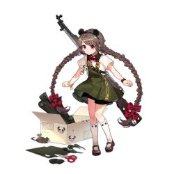 Rule 34 | 1girl, aged down, animal ear hairband, animal ears, animal sticker, bamboo shoot, black footwear, black shorts, bow, bowtie, box, braid, brown hair, carbine, cardboard box, closed mouth, dress, fake animal ears, full body, girls&#039; frontline, green dress, gun, gun on back, hair bow, hair ornament, hairband, hairclip, kan (rainconan), long hair, looking at viewer, low twin braids, mary janes, mouse (animal), official alternate costume, official art, open box, panda, purple eyes, red bow, red bowtie, rifle, safety scissors, scissors, scroll, scrunchie, shirt, shoes, short sleeves, shorts, shorts under dress, simple background, sks, socks, solo, standing, star (symbol), third-party source, transparent background, twin braids, type 56 carbine (girls&#039; frontline), type 56 carbine (panda-eared seamstress) (girls&#039; frontline), very long hair, watch, weapon, weapon on back, white shirt, white socks, winding key, wrist scrunchie, wristwatch, yellow scrunchie
