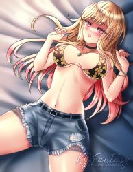 Rule 34 | 1girl, blonde hair, blush, bra, bracelet, breasts, choker, cleavage, collarbone, denim, denim shorts, ear piercing, earrings, embarrassed, facing viewer, floral print, grin, highres, jeans, jewelry, k.g.fantasy, kitagawa marin, large breasts, long hair, looking at viewer, lying, nail polish, on back, open clothes, open mouth, outstretched arms, pants, piercing, red eyes, shorts, shy, smile, solo, sono bisque doll wa koi wo suru, spread arms, spread legs, swimsuit, underwear, undressing