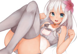 Rule 34 | 10s, 1girl, absurdres, aqua eyes, bad id, bad pixiv id, bell, bra, cat cutout, cat lingerie, choker, cleavage cutout, clothing cutout, collarbone, flat chest, flower, grey bra, grey panties, grey thighhighs, hair flower, hair ornament, highres, jingle bell, kantai collection, long hair, looking at viewer, meme attire, neck bell, no shoes, one-piece tan, open mouth, panties, rerrere, ro-500 (kancolle), side-tie panties, silver hair, sitting, smile, solo, tan, tanline, thighhighs, underwear, underwear only, white bra, white panties, white thighhighs