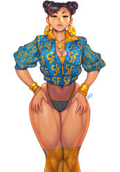 Rule 34 | 1girl, bracelet, breasts, brown hair, capcom, chun-li, cleavage, commentary, cosplay, cover image, cropped jacket, curvy, double bun, earrings, english commentary, gold, hair bun, hands on own hips, highleg, highleg panties, hoop earrings, jewelry, large breasts, lips, navel, necklace, nicki minaj, nicki minaj (cosplay), panties, parody, real life, robaato, shiny skin, signature, simple background, sleeves pushed up, solo, street fighter, studded bracelet, thick thighs, thighhighs, thighs, thong, underwear, white background, wide hips, yellow thighhighs