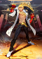 Rule 34 | 1boy, axe, bare pectorals, blonde hair, bracelet, electricity, fate/grand order, fate (series), grin, highres, jewelry, male focus, over shoulder, pants, pectorals, pendant, ring, sakata kintoki (fate), sakata kintoki (third ascension) (fate), smile, sokuse kienta, solo, sunglasses, topless male, weapon, weapon over shoulder