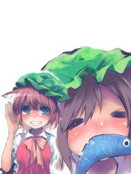 Rule 34 | 1girl, animal ears, bad id, bad pixiv id, bespectacled, blue eyes, brown hair, cat ears, cat girl, chen, female focus, fish, glasses, grin, hat, htm (gixig), mouth hold, multiple views, short hair, smile, solo, touhou, upper body, white background
