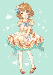 Rule 34 | 1girl, :3, ahoge, blue bow, blue bowtie, blue eyes, blue ribbon, blush, bow, bowtie, breasts, brown hair, closed mouth, dot nose, dress, finger ribbon, frilled dress, frills, full body, green background, hair bow, hair ribbon, hand up, high heels, highres, idolmaster, idolmaster million live!, idolmaster million live! theater days, kurotea, looking at viewer, multiple bracelets, one eye closed, open hands, orange ribbon, pantyhose, pigeon-toed, polka dot, polka dot ribbon, puffy short sleeves, puffy sleeves, red footwear, ribbon, short hair, short sleeves, small breasts, smile, solo, standing, suou momoko, triangle, white pantyhose, yellow dress, yellow ribbon