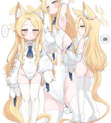 Rule 34 | ..., 1girl, animal, animal ear fluff, animal ears, armpits, ass, bare shoulders, bird, blonde hair, blue archive, blush, closed mouth, detached sleeves, dress, extra ears, fox ears, fox tail, groin, halo, high heels, highres, jokebag, long hair, multiple views, open mouth, seia (blue archive), simple background, sleeves past fingers, sleeves past wrists, spoken ellipsis, spoken squiggle, squiggle, striped clothes, striped thighhighs, tail, thighhighs, vertical-striped clothes, vertical-striped thighhighs, white background, white bird, white dress, white footwear, white sleeves, white thighhighs, yellow eyes, yellow halo