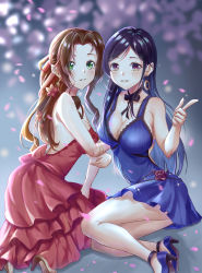 Rule 34 | 2girls, absurdres, aerith gainsborough, backless dress, backless outfit, bare arms, black hair, blue dress, blue footwear, blush, breasts, brown eyes, brown hair, choker, cleavage, dress, earrings, falling petals, final fantasy, final fantasy vii, final fantasy vii remake, flower, frilled dress, frills, full body, green eyes, hair flower, hair ornament, hair ribbon, high heels, highres, holding another&#039;s arm, jewelry, large breasts, long dress, long hair, looking at viewer, medium breasts, multiple girls, necklace, official alternate costume, on floor, parted bangs, parted lips, petals, pointing, red dress, red flower, red ribbon, ribbon, short dress, sidelocks, sleeveless, sleeveless dress, smile, square enix, straight hair, strapless, strapless dress, tifa lockhart, wall market, wavy hair