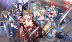 Rule 34 | 6+girls, armor, armpits, blonde hair, blue eyes, blue hair, breasts, cleavage, duel monster, elbow gloves, gloves, green eyes, green hair, headgear, highres, large breasts, multiple girls, purple hair, red eyes, red hair, shield, suzume inui, sword, thighhighs, torn clothes, valkyrie, weapon, yu-gi-oh!