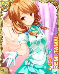 Rule 34 | 1girl, blue bow, blue shirt, blue skirt, bow, brown eyes, brown hair, card (medium), closed mouth, day, girlfriend (kari), indoors, looking at viewer, low twintails, mall, official art, qp:flapper, shirt, skirt, smile, solo, standing, tagme, tamai remi, twintails