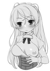 Rule 34 | 1girl, blush, breasts, closed mouth, conte di cavour (kancolle), conte di cavour nuovo (kancolle), cropped torso, dress, flashing, gloves, greyscale, hair between eyes, harukaze unipo, highres, inverted nipples, kantai collection, large breasts, long hair, looking to the side, monochrome, nipples, one breast out, short sleeves, simple background, solo, sweat, upper body
