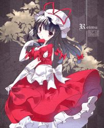 Rule 34 | 1girl, alternate color, alternate costume, bad id, bad twitter id, black hair, bow, character name, cierra (ra-bit), cosplay, dress, hand fan, frilled dress, frills, gloves, hair bow, hair ornament, hakurei reimu, hat, hat bow, long hair, looking at viewer, mob cap, puffy sleeves, ra-bit, red dress, red eyes, short sleeves, solo, text focus, touhou, white gloves, yakumo yukari, yakumo yukari (cosplay)