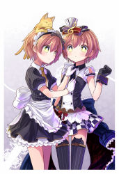 Rule 34 | 10s, 2girls, :&lt;, apron, black gloves, brown hair, cafe maid (love live!), cat, checkered clothes, checkered skirt, detached sleeves, dual persona, gloves, green eyes, hair ornament, hat, hoshizora rin, looking at viewer, love live!, love live! school idol festival, love live! school idol project, maid, maid apron, multiple girls, musical note, pinstripe pattern, shipii (jigglypuff), short hair, skirt, striped, thighhighs, treble clef, waist apron, zettai ryouiki