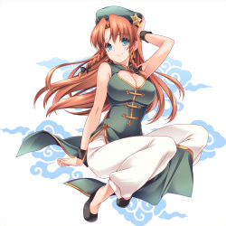 Rule 34 | 1girl, blue eyes, blush, braid, breasts, china dress, chinese clothes, cleavage, cleavage cutout, clothing cutout, dress, hair ribbon, hat, hong meiling, large breasts, long hair, monety, pants, red hair, ribbon, smile, solo, touhou, twin braids