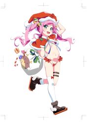 Rule 34 | 1girl, asymmetrical legwear, bell, bikini, boots, candy, candy cane, capelet, christmas, flat chest, food, full body, fur-trimmed capelet, fur-trimmed headwear, fur trim, gift, gloves, green eyes, hat, highleg, highleg bikini, highres, holding, holding sack, long hair, original, pink hair, red capelet, red gloves, red hat, sack, santa bikini, santa costume, santa hat, solo, swimsuit, tanabe kyou, thigh strap, twintails, uneven legwear