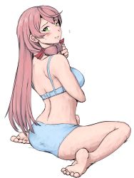 Rule 34 | 1girl, akashi (kancolle), arms under breasts, ass, barefoot, blue bra, blue panties, blush, bra, breasts, artistic error, feet, from behind, full body, green eyes, grin, hair tie, highres, kantai collection, kneeling, large breasts, long hair, looking at viewer, looking back, panties, pink hair, simple background, sitting, smile, solo, underwear, underwear only, vent arbre, wariza, white background