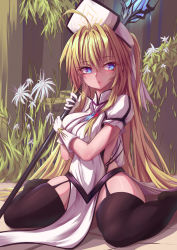 Rule 34 | 1girl, absurdres, black thighhighs, blonde hair, blue eyes, commentary request, flower, frilled sleeves, frills, full body, garter straps, hat, highres, holding, holding staff, lcc, long hair, looking to the side, mitre, no shoes, open mouth, original, priest, puffy short sleeves, puffy sleeves, shirt, short sleeves, sitting, solo, staff, tabard, thighhighs, wariza, white flower, white shirt