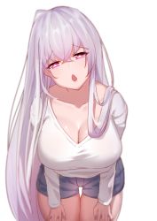 Rule 34 | 1girl, :o, absurdres, blue shorts, breasts, cleavage, closers, collarbone, crossed bangs, hair between eyes, hair over shoulder, hands on own thighs, head tilt, highres, large breasts, light purple hair, long hair, long sleeves, looking at viewer, mirae (closers), purple eyes, shirt, short shorts, shorts, simple background, solo, tiankong pie ai, very long hair, white background, white shirt