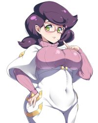 Rule 34 | 10s, 1girl, bad id, bad twitter id, big hair, blush, breasts, covered erect nipples, covered navel, creatures (company), game freak, green eyes, hand on own hip, highres, inactive account, large breasts, long hair, long sleeves, moisture (chichi), nail polish, nintendo, parted lips, pink-framed eyewear, pink nails, pokemon, pokemon sm, purple hair, ribbed sweater, simple background, solo, sparkle, sweater, turtleneck, turtleneck sweater, white background, wicke (pokemon)