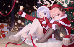 Rule 34 | 2girls, absurdres, bell, bingchuan xian yu huang, black gloves, black pantyhose, blue archive, blue eyes, box, breasts, christmas tree, closed mouth, commentary, full body, fur-trimmed headwear, fur trim, gift, gift box, gloves, hair bobbles, hair ornament, halo, hanae (blue archive), hanae (christmas) (blue archive), hat, highres, holding, holding bell, knees up, large breasts, legs, long hair, long sleeves, looking at viewer, miniskirt, multiple girls, no shoes, official alternate costume, one eye closed, open mouth, pantyhose, pink eyes, pink hair, pink halo, plaid, plaid skirt, purple hair, red gloves, red headwear, red ribbon, red skirt, red sweater, ribbon, santa hat, serina (blue archive), serina (christmas) (blue archive), sitting, skirt, smile, soles, sweater, symbol-only commentary, teeth, thighband pantyhose, toes, upper teeth only, white pantyhose, yellow halo